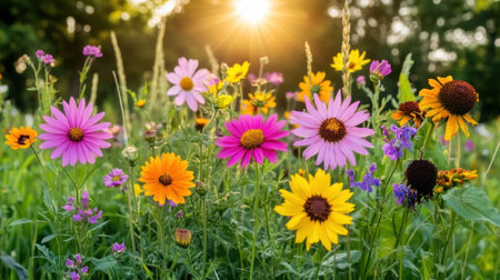 Colorful wildflowers in the meadow, pink cosmos with yellow centers among other vibrant flowers and green grasses, sun rays filtering through the tall leaves of grain plants, blurred background, close-up, macro photography, blurred focus, blurred effect, bokeh effect, depth of field, high-resolution photography, sunny day, summer mood, bright light, soft light, natural light, sunlight, daylight, highly detailed, super realistic, super detailed, wide-angle shot. --chaos 30 --ar 16:9 --v 6.1 Job ID: 10f7683f-8613-4d72-8803-38e2508c82bfの素材