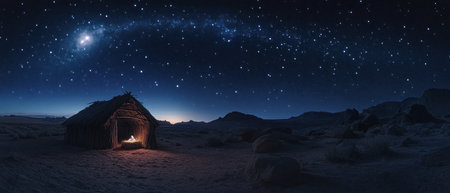 A panoramic view of the night sky over Joseph's hut, with Mary and baby Jesus in their manger illuminated by bright stars, symbolizing hope for all people through Christmas. The landscape is depicted against a backdrop of distant mountains under clear, starry skies. --ar 7:3 --v 6.1 Job ID: d79e9c12-5b2b-4ead-86f1-1a5fbaa50e47の素材