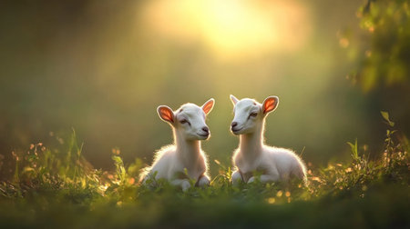 Two white baby goats sitting on the grass, one with its head slightly tilted to the left and another facing forward towards the camera. The background is a green meadow with blurred edges. --chaos 30 --ar 16:9 --v 6.1 Job ID: dc5ea51a-e101-4a56-844b-12d6aa6c2efdの素材