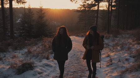 Two friends walking in the snow at sunset, a winter landscape with trees and sun rays. A man dressed for cold weather walks next to his friend while looking back over their shoulders towards the camera. The woman is wearing warm and has her hands folded across her chest as she stands on a path leading through a snowy forest under an orange sky. They both have long hair, one black and the other brown, and appear happy together. --chaos 30 --ar 16:9 --v 6.1 Job ID: 910fb328-30d0-4921-a1d6-7fcd991b9303の素材