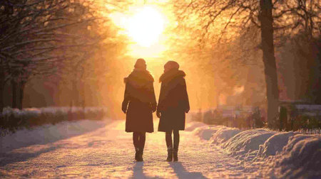 Two friends walking in the snow, with their backs to the camera and facing an orange sunset sky, surrounded by trees covered in white snow. The sun is setting behind them, creating long shadows on both people as they walk towards it. They are wearing warm coats and hats, looking happy together. In front of them lies an icy path leading into a forest, adding depth to the scene. --chaos 30 --ar 16:9 --v 6.1 Job ID: a48ed8e3-e6bd-49d8-a5fc-2bdbf7073dd6の素材