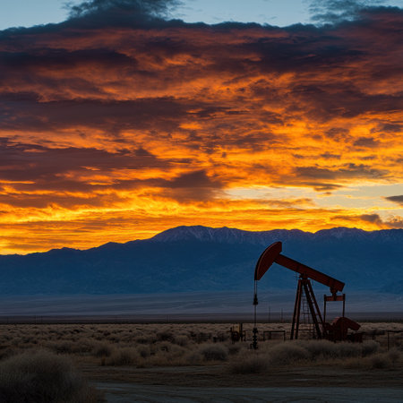A photograph of an oil pump in the desert at sunset, with a dark orange and blue sky, and mountains in the background. The scene is illuminated by the warm light from the setting sun. There is an open area on the left side for text or graphics. An oil well is visible on the right side. The sky is dramatic, with clouds. This is a wide-angle shot. The image is high resolution.16:7 --v 6.1 Job ID: 20043392-02f8-4e6c-b762-1f07d7223aa7の素材