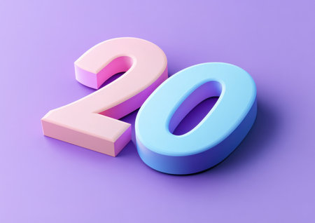Isometric logo of the word "20", minimal design, pastel color palette, simple shapes, 3D render, created in Cinema 4D, on a purple background, in 8K resolution. --ar 7:5 --v 6.1 Job ID: f6d10627-5427-4a2b-90d8-853c7a3aa479の素材