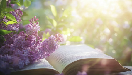 A book is open on the table, with purple lilac flowers in front of it and sunlight shining through them. The background features blurred green plants and blue sky, creating an atmosphere full of spring. A soft light illuminates part of the pages, highlighting their texture. This scene creates a warm and comfortable reading environment, where one can savor the beauty of books while enjoying nature's tranquility. --ar 53:30 --v 6.1 Job ID: a4835f94-611b-442c-8fee-0d0647d9eb7eの素材