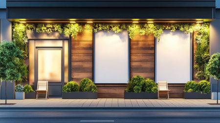 Two blank poster mockups on the exterior of an office building, street view, daylight, photorealistic. --chaos 30 --ar 16:9 --v 6.1 Job ID: 368f4985-1175-437e-94ab-1786c3b1774cの素材