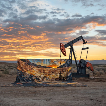 A photo of an oil pump in the desert at sunset, with a dramatic dark orange and blue sky. The camera is positioned right behind the pump. A detailed oil painting is draped across the background to highlight the scene, which is in sharp focus. 16:7 --v 6.1 Job ID: 2f39781a-60b8-4ddc-8dc0-043b5afc41f1の素材