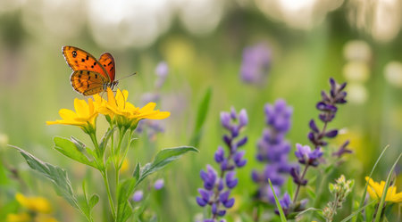 A butterfly on a yellow flower in a field with a blurred background of purple flowers and sunlight, a concept with copy space. The butterfly is orange in color, sitting at the top left side of the frame with its wings spread out wide, facing the camera. The butterfly is small in the photo, with a yellow wildflower and violet leaves in the foreground, and blurry purple wildflowers in the background. Sun rays are shining through, creating a beautiful nature scene in an ultra-realistic photography style. --ar 9:5 --v 6.1 Job ID: 87ba0333-81ed-43f1-838e-002d4c8d5488の素材