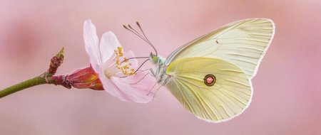 A butterfly perched on the petal of an apricot blossom, with a soft pastel background that adds to its ethereal beauty. High-quality photograph. --ar 71:30 --v 6.1 Job ID: 6ec11de7-8f03-4524-8ee8-ef771744a824の素材