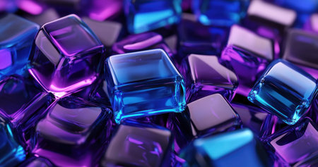 3D render, abstract background with blue and purple glass squares on a black background. Close-up of abstract shapes. Dark scene for design or banner. High resolution. --ar 19:10 --v 6.1 Job ID: 6d742c99-44cb-4647-8081-44523a5b79a5の素材