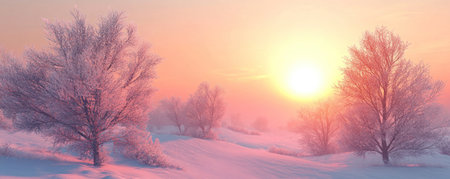 A serene winter landscape with snow-covered trees, a glowing sun setting in the background, and a soft mist creating an ethereal atmosphere. --ar 5:2 --v 6.1 Job ID: 7838e9bd-ee1d-4895-bd14-90833bd784cdの素材