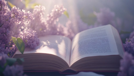 An open book with lilac flowers in the background, creating an atmosphere of tranquility and creativity, symbolizing inspiration for writing. The soft focus on the background adds depth to the scene, while sunlight illuminates the pages of the open book, casting gentle shadows that enhance its inviting appearance. This composition creates a serene setting where imagination meets creation, perfect as cover art or social media post design. Soft light, high quality, natural colors. --ar 53:30 --v 6.1 Job ID: 1fa0f474-592e-459d-9b48-2e594a201b02の素材