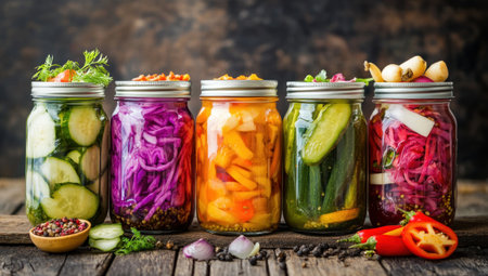 A row of colorful jars filled with pickled vegetables against an isolated background, showcasing the variety and freshness of homemade fare from a vegetable garden. The vibrant colors and crisp textures make for visually appealing images that showcase different types of salad. --ar 53:30 --v 6.1 Job ID: f7f6bd5e-2353-43e6-8116-41928f1875c7の素材