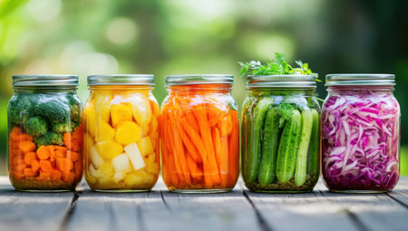 A row of colorful jars filled with pickled vegetables against an isolated background, showcasing the variety and freshness of homemade fare from a vegetable garden. The vibrant colors and crisp textures make for visually appealing images that showcase different types of salad. --ar 53:30 --v 6.1 Job ID: f7f6bd5e-2353-43e6-8116-41928f1875c7の素材