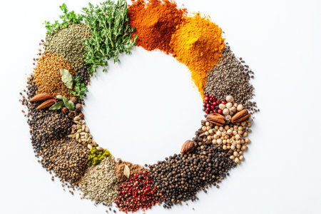 A photograph of an empty circle composed of various spices and herbs, representing the diverse range of colorful ingredients used in cooking, set against a white background. --ar 3:2 --v 6.1 Job ID: f99c025c-3390-42ca-a8de-e2f7db6eeda2の素材