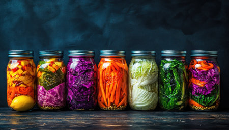 A row of colorful jars filled with pickled vegetables against an isolated dark blue wall, highlighting the variety and colors in home-made pastel mason jar mandalas with a black background. The composition showcases different types of food photography in the style of Ominstein, featuring rainbow-colored cabbage, crisp white emanating light from within, vibrant red lemons, and bright yellow carrots inside glass jars, all set on a simple wooden table. --ar 53:30 --v 6.1 Job ID: 16efba70-7165-4963-9b64-50a9fd53b8c1の素材