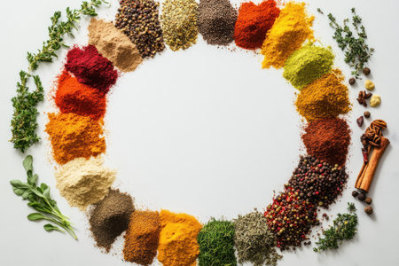 A photograph of an empty circle composed of various spices and herbs, representing the diverse range of colorful ingredients used in cooking, set against a white background. --ar 3:2 --v 6.1 Job ID: f99c025c-3390-42ca-a8de-e2f7db6eeda2の素材
