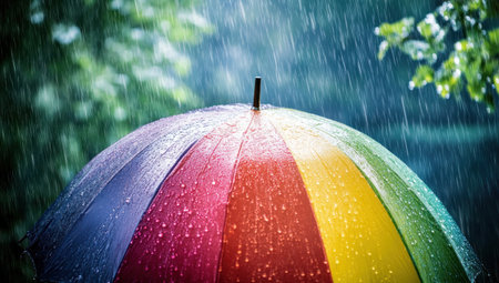 A rainy day with a colorful umbrella, vibrant colors of the rainbow, and raindrops on it. --ar 53:30 --v 6.1 Job ID: 5f00cefd-c469-4474-b774-2ced8cca50c8の素材