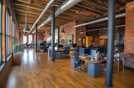 An open office space with brick walls, wooden floors, and metal columns, featuring desks with computers, chairs, and coffee cups on tables. Black pendant lights hang from the ceiling, creating an industrial-style decor. The scene appears to be a realistic photo shoot, captured with a wide-angle lens and high resolution. --ar 23:15 --v 6.1 Job ID: b33c5cba-6869-4580-991f-d1d23e4addc6の素材