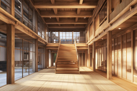 Wooden interior, wooden floor and walls, stairs leading to the second story of an apartment with glass doors on one side leading outside, Japanese-style architecture, architectural rendering, wooden beams visible in the ceiling, wooden shelves along the wall. --ar 3:2 --v 6.1 Job ID: 08db6cf7-e78a-4934-b6fd-31df9a1a6099の素材