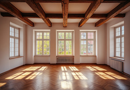 Sunny, empty room with wooden beams on the white ceiling, large windows, and a parquet floor in an apartment in Bratislava. A hyper-realistic photo taken with a Sony Alpha A7 IV camera, using a high-resolution wide-angle lens to capture every intricate detail of the scene. --ar 22:15 --v 6.1 Job ID: 42ed5764-cfc1-4b90-9091-a595c30beb32の素材