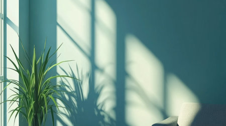 Modern gray sofa against a blue wall with a plant in the modern interior design of a home living room or office. Minimalist, elegant style, Scandinavian furniture for a comfortable and stylish decor of an apartment. Copy space, high quality. --chaos 30 --ar 16:9 --v 6.1 Job ID: 70ff1b2b-2e67-437c-80f0-91a7c1ab567bの素材