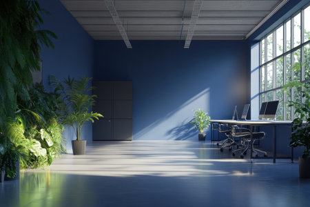 Modern office interior with a white concrete floor, blue walls, and a gray ceiling. Large windows provide ample natural light. Tables for group work with computers are arranged throughout the space. Green plants adorn the left side of one wall. The scene is photo-realistic, with high resolution and high definition. --ar 3:2 --v 6.1 Job ID: 47c92e46-bfa6-4bb8-92a9-ef8767f14ddeの素材