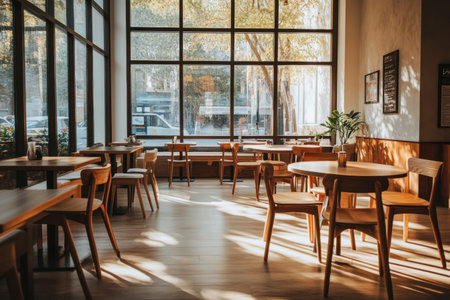 Sleek modern cafe interior with large windows, wooden tables and chairs, light-colored walls, neutral color palette, minimalist decor, spacious layout, natural lighting, clean lines, high-resolution, professional photograph. --ar 3:2 --v 6.1 Job ID: 42d45f3c-038f-4f19-8feb-82e30c67518fの素材