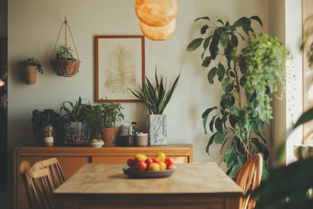Photo of a rustic dining room with a wooden table and chairs, a marble wall art frame on the white wall, potted plants in the corner, a ceramic vase holding fruits on top of an oak sideboard, soft lighting from a pendant light, a beige color scheme, natural daylight, and simple yet cozy home decor. --ar 3:2 --v 6.1 Job ID: efdc7d90-b8df-450c-aabb-fdce75578353の素材