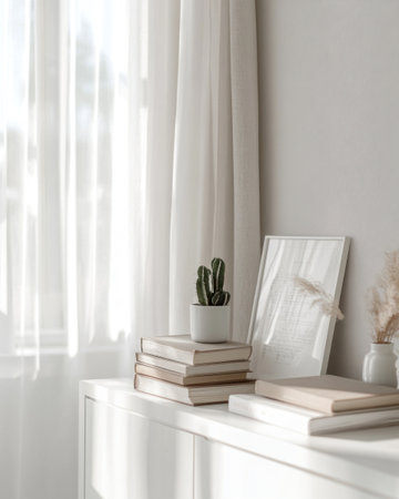 A white sideboard with books and cacti on it, a window curtain in the background, a light gray wall behind it, a minimalist interior design style, high resolution, shot with a Canon camera, soft lighting. --ar 4:5 --v 6.1 Job ID: cb4c55f9-b377-4588-958f-fcc350dad4bdの素材