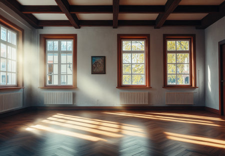 Sunny, empty room with wooden beams on the white ceiling, large windows, and a parquet floor in an apartment in Bratislava. A hyper-realistic photo taken with a Sony Alpha A7 IV camera, using a high-resolution wide-angle lens to capture every intricate detail of the scene. --ar 22:15 --v 6.1 Job ID: 42ed5764-cfc1-4b90-9091-a595c30beb32の素材