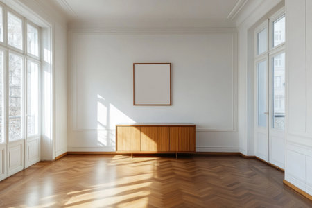 A sideboard in the corner of an empty room with large windows, white walls, and a wooden floor. A simple picture frame is hanging on one wall above the cabinet. The focus should be on the picture frame. --ar 3:2 --v 6.1 Job ID: c9de330e-bc85-4c17-b820-d05db7109679の素材