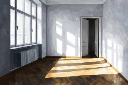 Photo of an empty room in a Berlin-style flat with parquet flooring, white walls, and a window on the left side. The photo is taken from front to back, showing an open door on one wall and another closed door on the other. It's bright inside, and there's light coming through the windows. There should be no furniture or objects in it. --ar 3:2 --v 6.1 Job ID: 7a9ab7ab-f712-491b-b28d-e6709977a805の素材