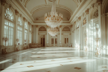 A luxurious wedding hall with an elegant chandelier, a white and beige color scheme, marble floors, crystal accents, vintage furniture, opulent decorations, the grandeur of the space, a professional photography style, soft lighting, a wide-angle shot capturing the entire room, natural daylight, and intricate details. --ar 3:2 --v 6.1 Job ID: 4572775e-0b7e-4ad8-a25d-5478759b7742の素材