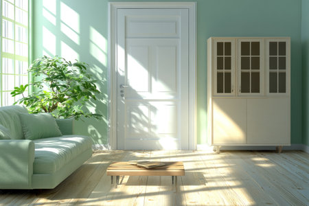 3D rendering of a living room interior with a white door and light blue wall, wooden floor planks, a sofa in a pastel green color, a coffee table near the couch, and a cabinet on the right side. Scandinavian home decor design style. Sunlight coming through the window, casting shadows. A green plant near the furniture. Minimalist interior design concept for a living space, HD photography. --ar 3:2 --v 6.1 Job ID: c89ce30e-5dcc-4ef2-b96c-60bb5f435fc9の素材