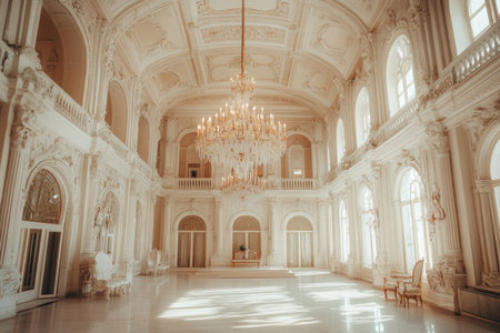 A grand, opulent wedding hall with an elegant chandelier hanging from the ceiling and luxurious furniture scattered throughout. The walls feature intricate carvings and white marble accents, creating a sense of luxury and sophistication. A beautiful pastel color palette adds to its charm. Photography style. --ar 3:2 --v 6.1 Job ID: 1e7b3f81-aaf2-42f0-bbfa-469db54f5078の素材