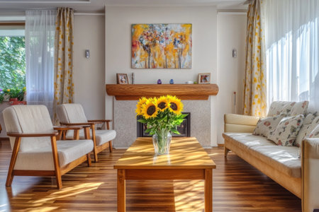 Photo of a bright living room with wooden parquet flooring, white walls and curtains on the windows, featuring retro furniture, an abstract painting above the fireplace, sunflowers in a vase on the coffee table, and mid-century modern style decor. --ar 3:2 --v 6.1 Job ID: 3afb30c4-2c20-4299-bd3a-9d866408a98fの素材