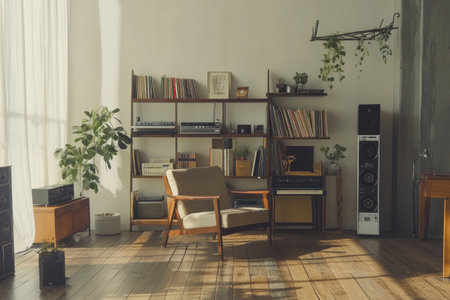 Photo of a vintage-style apartment interior with wooden floors, white walls, and a gray wall for background mockups. There's an old-fashioned chair in the center surrounded by retro furniture such as shelves, side tables, books, vinyl records on stands, plants, and other decor elements. The room also has a rack hanging from one corner, creating a cozy atmosphere. This scene is perfect to showcase products or use as a living space mockup. --ar 3:2 --v 6.1 Job ID: cce70d09-4069-4fd6-aa39-e15de675212dの素材