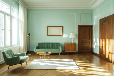 A living room with light blue walls, parquet flooring, and a sofa in a green color. There is an armchair, a coffee table, and a sideboard. A wooden door is on the right wall, and a white carpet covers the herringbone wood flooring. A lamp stands next to the window. This is a hyper-realistic photography style. --ar 3:2 --v 6.1 Job ID: ca170304-5a4f-41f8-b635-760b3f85291cの素材