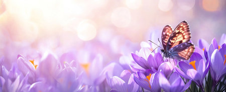 Beautiful crocus flower with a butterfly on it, spring background banner, copy space concept, banner for social media and web design. Soft pastel purple colors. White blurred background, copy space. High-quality photography. Flare light effect. --ar 37:15 --v 6.1 Job ID: d90e57a2-60af-4dd8-be8b-d61c32ca2633の素材