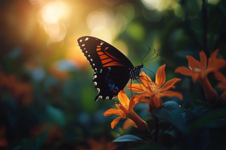 Monarch butterfly on a beautiful orange flower in nature, photo taken with a Sony Alpha A7 III camera, using a macro lens for a close-up shot. --ar 3:2 --v 6.1 Job ID: 7f44ebef-3708-4356-9ae2-e82f844852bfの素材