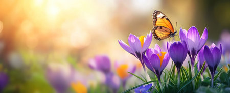 Beautiful crocus flowers with a butterfly in the blurred background, banner design featuring purple and yellow colors, with white space for text, high-resolution photography, and high quality. --ar 37:15 --v 6.1 Job ID: 813bbd9c-7b56-4358-882a-f8589cb65b7aの素材