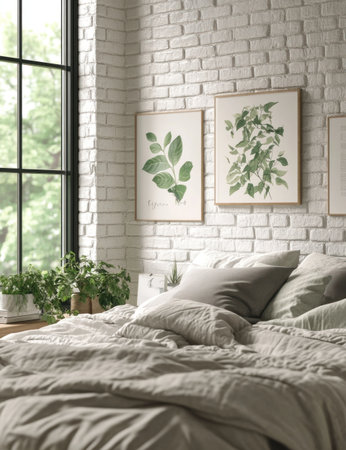 A bedroom wall with white bricks, adorned with green leaf artwork and framed posters in various sizes, creates an inviting atmosphere. The bed is neatly made against the backdrop of the textured walls, complemented by soft grays on the comforters and pillows. A small plant adds life to the space, while natural light from the large windows illuminates the room. This scene captures a contemporary yet cozy vibe for interior design photography. --ar 23:30 --v 6.1 Job ID: 5d9b58c1-33ed-450b-89ea-5be952ede87fの素材