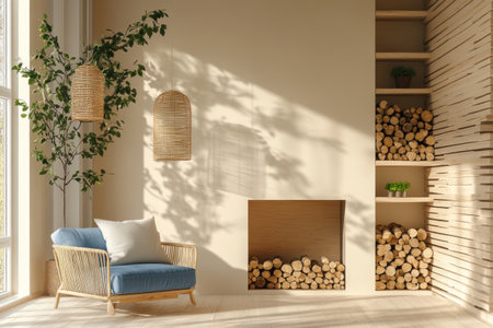 Photo of a minimalist living room with a wooden fireplace and wall shelf, decorated in the style of Scandinavian design with beige walls, a blue armchair, light wood flooring, and two hanging rattan lamps. The space is illuminated by natural sunlight, creating soft shadows on the white background. In front, there is an indoor plant stand holding green plants. On one side, three stacks made from rough-cut firewood sit neatly against each other to add texture. --ar 3:2 --v 6.1 Job ID: d5c1f2fb-fb9a-481f-99fa-9422372d5d6dの素材