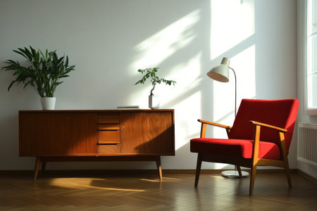 A bright room with a parquet floor, white walls, and a wooden sideboard. In the center is an armchair, with a red chair next to it and a lamp on top of a table. The style should be minimalist and modern, with natural light illuminating the scene and creating a calm atmosphere. --ar 3:2 --v 6.1 Job ID: 5e9297f9-584d-46e3-ae0f-e6464b33a688の素材