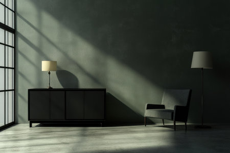 Modern interior design of the room, with gray walls and a concrete floor. A black sideboard stands against one wall, and a modern armchair sits empty, with a lamp stand on it. The concrete flooring extends to a window on a dark gray background, creating a minimalist style. This is a mockup photo, photorealistic in high resolution and high quality, shot with a Canon EOS R5 camera. The image features a depth blur effect, ultra-realistic cinematic lighting, and hyper-detailed elements. --ar 3:2 --v 6.1 Job ID: 782b8d8e-582f-49ba-af4e-b5e5de71f64bの素材