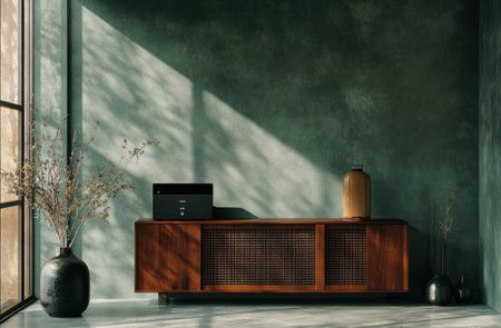 Modern interior design with an empty wall mockup, a grey-green color wall background, a sideboard, and wooden cabinet decorations. Home decor concept. --ar 23:15 --v 6.1 Job ID: 69347c25-02df-4528-ae88-3a254599922eの素材