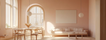 A minimalist living room interior with pastel pink and beige walls, featuring an arched window frame above the sofa. The space is decorated in the style of Scandinavian design, showcasing wooden flooring, a dining table, chairs, soft cushions on the furniture, and decorative elements like pendant lights hanging from the ceiling. There's a round coffee table nearby. A large wall poster adds to the aesthetic of the setting. High-resolution photography capturing natural light creates a serene atmosphere. --ar 13:5 --v 6.1 Job ID: 48769856-682e-4fed-b983-0d56e1d60628の素材