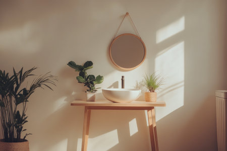 A photo of an elegant and minimalistic bathroom featuring light wooden furniture, a white sink with a round bowl shape, green plants on the table beside it, a mirror hanging above the washbasin, and soft lighting creating a cozy atmosphere. The walls have been painted in plain white to enhance the minimalist aesthetic. This space is perfect for relaxation or getting ready before work, emphasizing simplicity and comfort. --ar 3:2 --v 6.1 Job ID: a26baca0-5e53-42dd-b461-b9560f980d34の素材