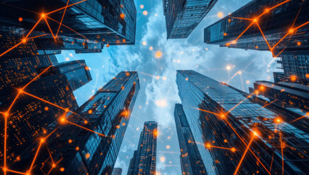 Futuristic cityscape with skyscrapers and glowing connections, symbolizing the power of digital marketing in urban areas. The concept is highlighted by orange lines connecting buildings against a blue sky background. This dynamic scene captures the business network security for an advanced online presence. --ar 53:30 --v 6.1 Job ID: 7f431e0b-830e-44ea-8475-51e849aa3c07の素材