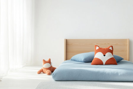 A white-walled children's room with a wooden headboard, blue bed linens, and pastel red fabric cushions in the shape of foxes. The white floor is covered by a modern-style children's carpet, on which lies a cute plush toy. This minimalist scene is a photo for a magazine cover, captured with a Canon R5 camera and a 30 mm lens. The soft, natural lighting and clean background create a high-resolution image. --ar 3:2 --v 6.1 Job ID: cb3bb1e1-17d6-401a-be70-5f291b25b644の素材